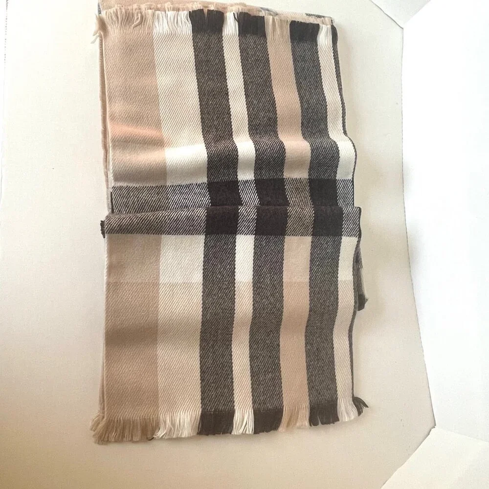 Fraas Plaid Tartan Cashmink Throw Blanket Beige Large Fringe Woven